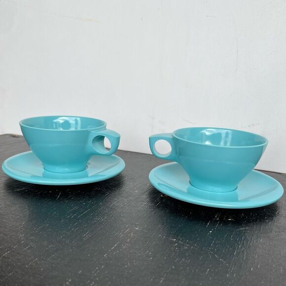 VTG Boontonware Melmac Teal Cups & Saucers Set Mid Century Modern 1950s - Picture 9 of 10